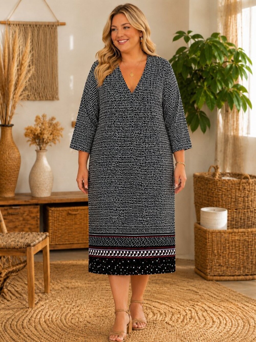 11 Eloquii black, cream purple and brown printed v neck 3/4 sleeve dress 14